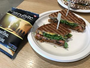 Grilled veggie sandwich and chips at Sprouted Oven in Abbotsford