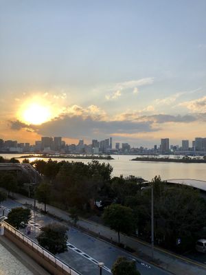 Sunset view from our seats at Cafe La Boheme - Odaiba in Tokyo