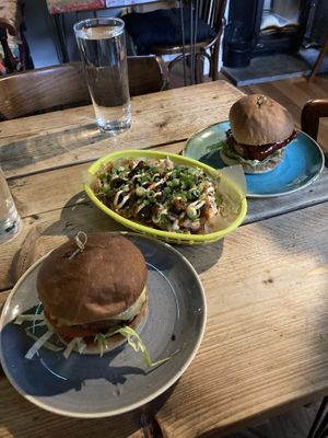 Vegan burgers and mushroom loaded fries   at The Railway Pub & Kitchen in Ringwood