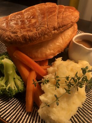Wild Mushroom & chestnut Pie with mashed potatoes mixed vegetable! Very tasty! An excellent vegan dish! Served through the day!! A Delight!!   at The Swan Inn in Lyndhurst