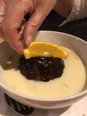 Vegan marmalade chocolate sponge with vegan vanilla custard at The Swan Inn in Lyndhurst