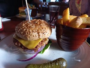 Chickpea burger with chunky chips at The Royal Oak in Orpington