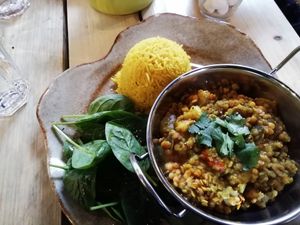 Dhal of the day with sunshine rice and dressed spinach. Delicious! at The Journey in Newcastle Upon Tyne