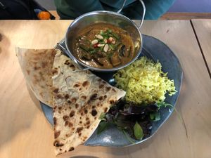 Goan curry with coconut, peanut, tamarind, aubergine and green beans, served with rice and flatbread  at The Journey in Newcastle Upon Tyne