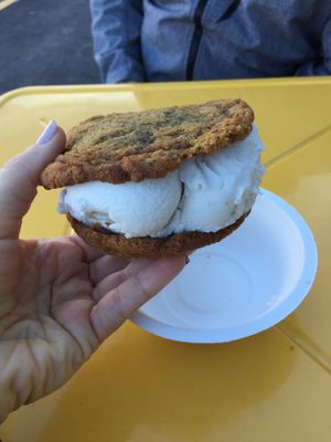 Coconut milk vanilla ice cream in flourless peanut butter cookies.  Omg. at Sunshine Sammies in Asheville