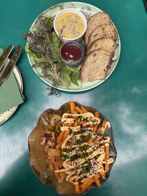 Kimchi sweet potato fries and mushroom pate (both amazing)  at Eden Bistro in Warsaw