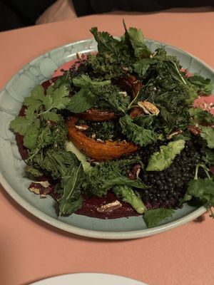 Salad with pumpkin and lentils with beet pureee  at Eden Bistro in Warsaw