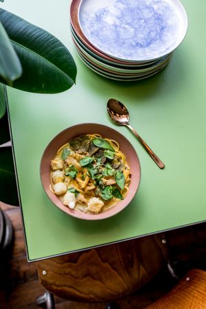 Laksa with sea buckthorn

malaysian curry soup / wheat noodles / seaweed balls / tofu / oyster mushrooms / coriander and rauram / sea buckthorn juice at Eden Bistro in Warsaw