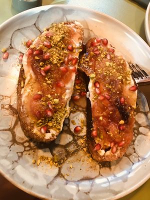 Delicious toasty with cashew vanilla cream, plumps and maple syrup  at Eden Bistro in Warsaw