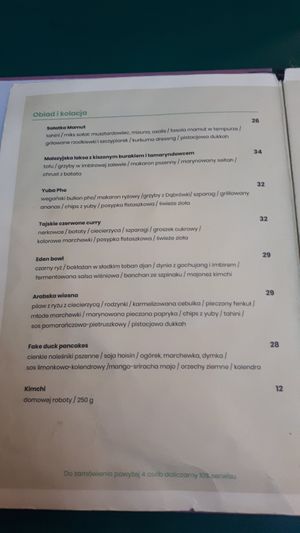 Dinner menu at Eden Bistro in Warsaw