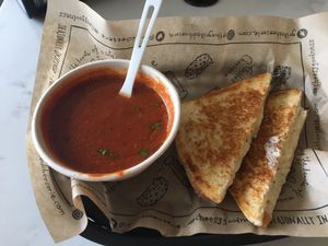 Vegan grilled cheese on sourdough and roasted red pepper + tomato soup  at The Grilled Cheeserie in Nashville