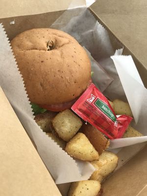 V-licious burger, served with home fries. Loved it!  at Vegelicious in Nashville