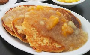 Light, fluffy and delicious peach pancakes! GF too! at Vegelicious in Nashville