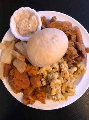 Original Soul Chick Plate with yams subbed for the greens  at Vegelicious in Nashville