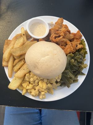 Soul food plate w/ hot chick’n &  ranch   at Vegelicious in Nashville