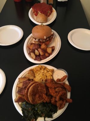 Lasagna, Fried chicken sandwich, and Soul chip plate! at Vegelicious in Nashville