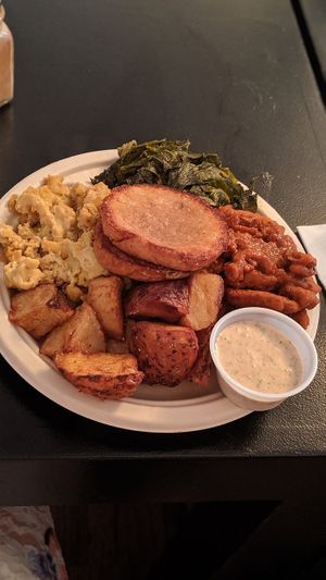 Hot "Chicken" plate. Everything is good but their ranch is the BEST I've ever had! at Vegelicious in Nashville