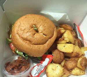 “Not” Bacon Cheese Burger served with Home Fries at Vegelicious in Nashville