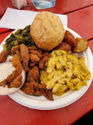 Mac, chicken, greens... so good! at Vegelicious in Nashville