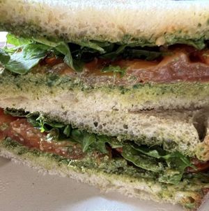 Vegan pesto, tomato, and arugula sandwich. at Aharon Coffee in Beverly Hills