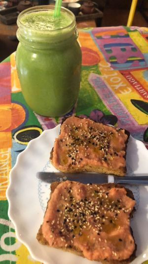 Tomato and sesame toast with juice at Alabama Cafe in San Sebastian