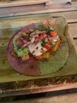 Cheeky chick taco made from Heura mock chicken at Amarre 69 in Barcelona