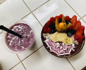 Breakfast smoothie and red acai bowl  at Rainbowls in Amsterdam