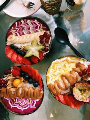 Yellow and pink smoothie bowls!  at Rainbowls in Amsterdam