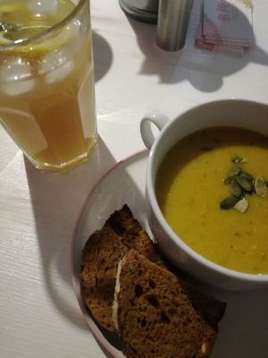 Lentil soup and homemade lemonade. Must try! at Hi Mir Vegan Cafe in Nizhny Novgorod