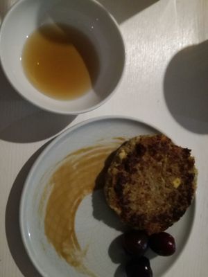 Sirnik with sirup at Hi Mir Vegan Cafe in Nizhny Novgorod