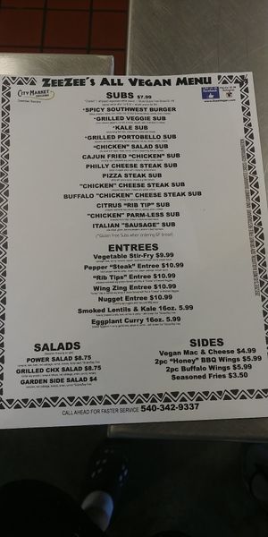 Menu at ZeeZee's in Roanoke