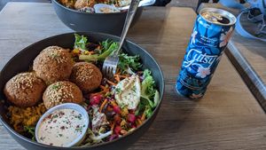 Falafel plate and local kombucha at Juste Falafel in Montreal