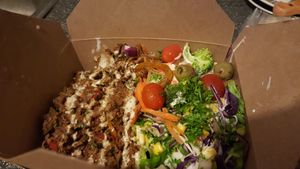 Kebab plate for take-out at Juste Falafel in Montreal