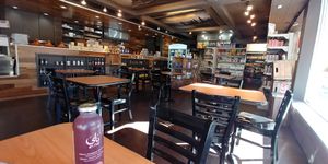 Seating at Juste Falafel in Montreal