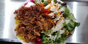 Plate: Side Salad with tahini dressing, schwarma and general Tao for the vegan meat and yellow rice at Juste Falafel in Montreal