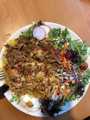 Shawarma + thai chicken plate at Juste Falafel in Montreal