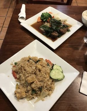 Vegan basil fried rice and Spicy Roasted Tofu Basil  at Monsoon Siam in Madison