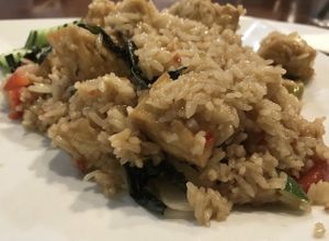 The amazing Kao Pad Kapow with tofu spice level 5 (still not hot) - excellent flavors !  at Monsoon Siam in Madison