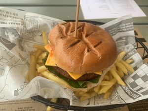 Vegan burger, skinny fries  at The Ship in Plymouth