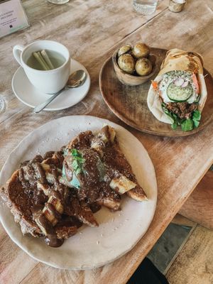 Lemongrass tea, special jackfruit gyros, and special french toast with spirulina nicecream! All amazing! at Musa Cookery in 