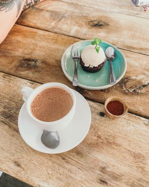 Hot mayan cacao and brownie, it was the perfect tasty combo! at Musa Cookery in 