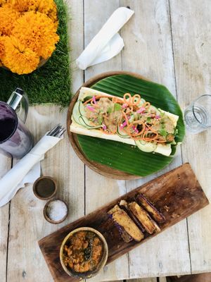 vegan banh mi baguette and eggplant fries, partly lava charcoal smoothie on the left at Musa Cookery in 
