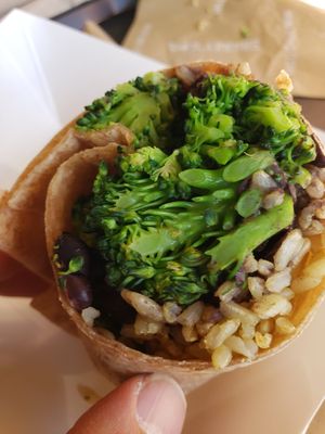 AJ burrito. Tell them to cut the broccoli fine not like this at Sharky's Woodfired Mexican Grill in Chatsworth