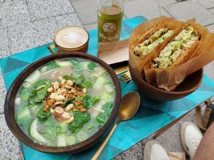 Ramen and smashed avocado sandwich. at MyVegina in Stockholm