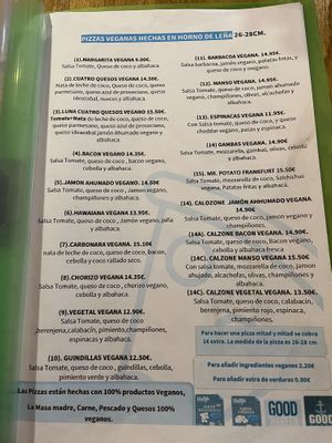 Vegan menu in Spanish   at Manso Pizzeria in Barcelona