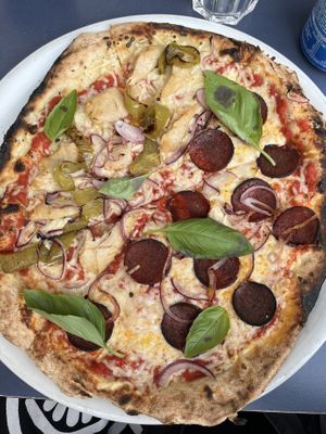 half v chicken, half v chorizo  at Manso Pizzeria in Barcelona