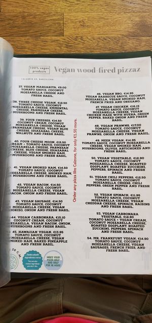 Current vegan options as of August 2022 at Manso Pizzeria in Barcelona