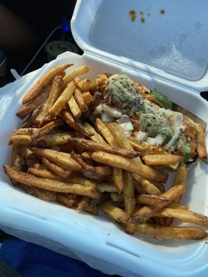 My sisters veggie dog and dirty fries! at Sammy Barker's in Pensacola