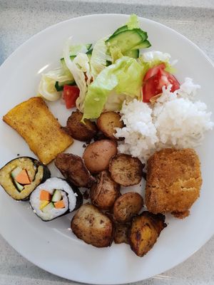 soy meat, polenta, potatoes, rice, sushi, salad at 827 Speciality Kitchen - Kalvin in Budapest