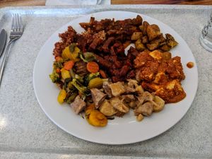 loaded plate from buffet (around $6 with student discount) at 827 Speciality Kitchen - Kalvin in Budapest